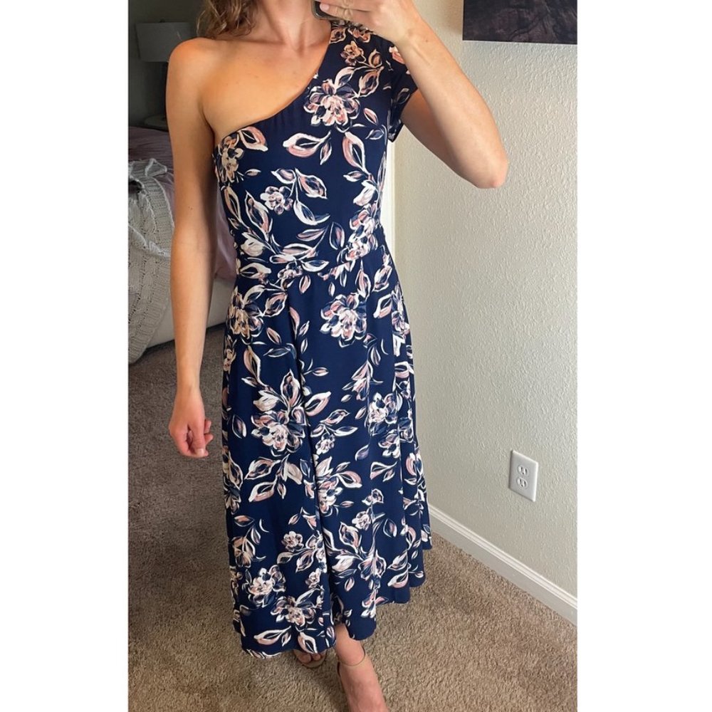 Charles Henry Navy Floral Bloom One Shoulder Midi Dress